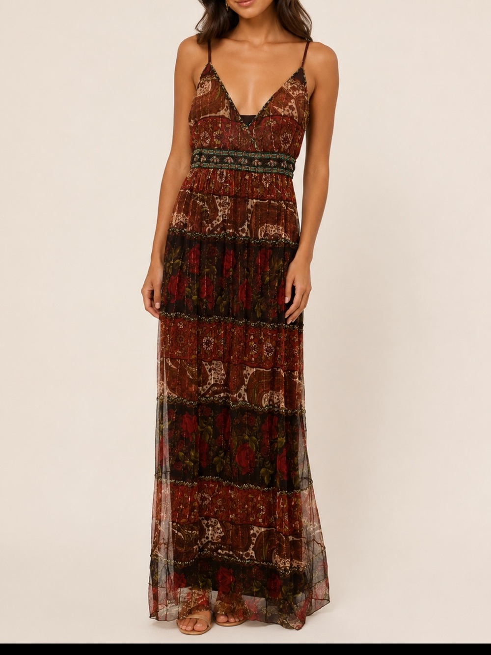 Sue Wong Bohemian Brown Beaded Maxi Dress